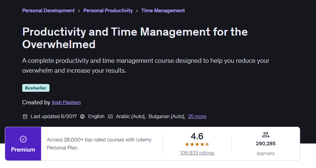 Productivity and Time Management for the Overwhelmed course banner on Udemy