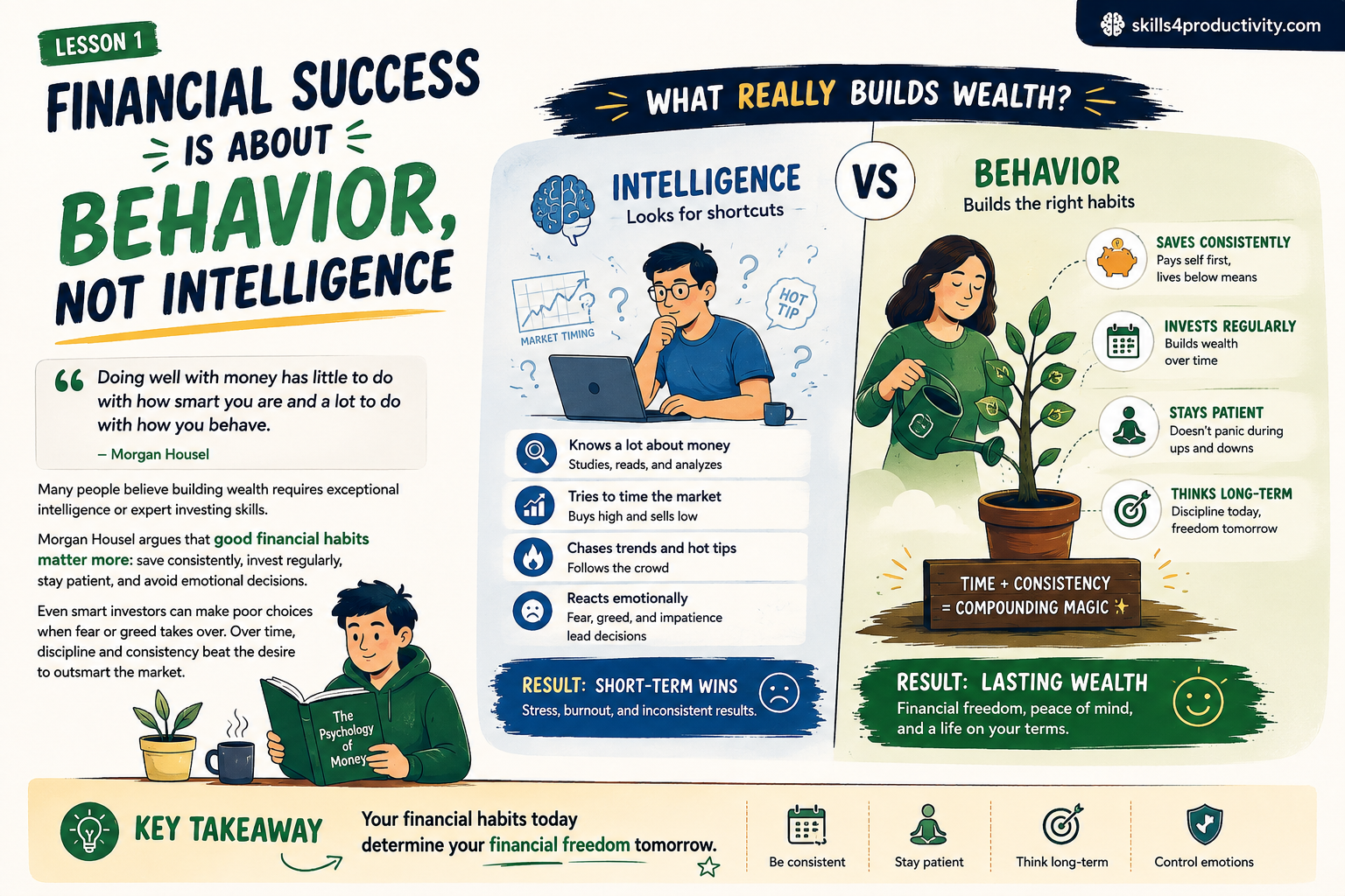 The Psychology of Money infographic comparing intelligence-driven money decisions with consistent financial behavior that builds lasting wealth.