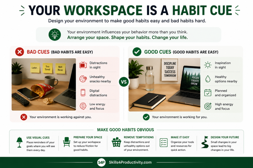 Workspace habit cue infographic showing how environment design influences good and bad habits