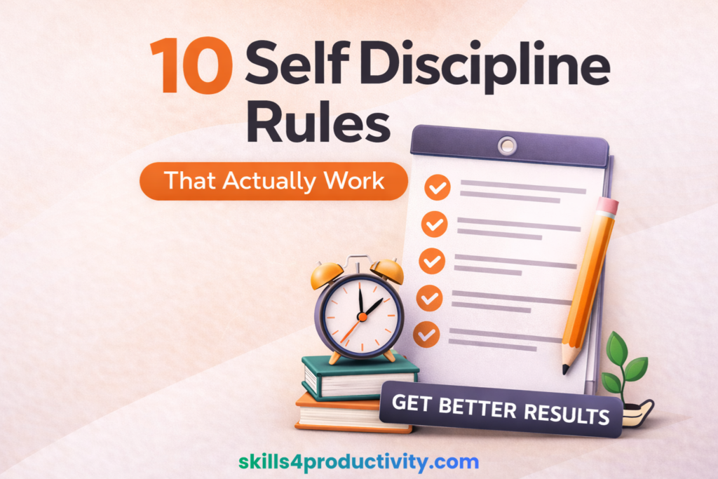 10 self discipline rules infographic showing productivity habits and consistency tips