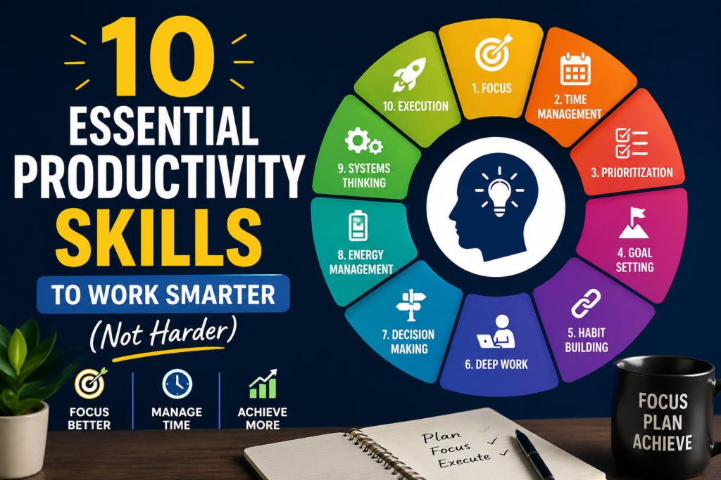 Visual framework of 10 essential productivity skills to work smarter