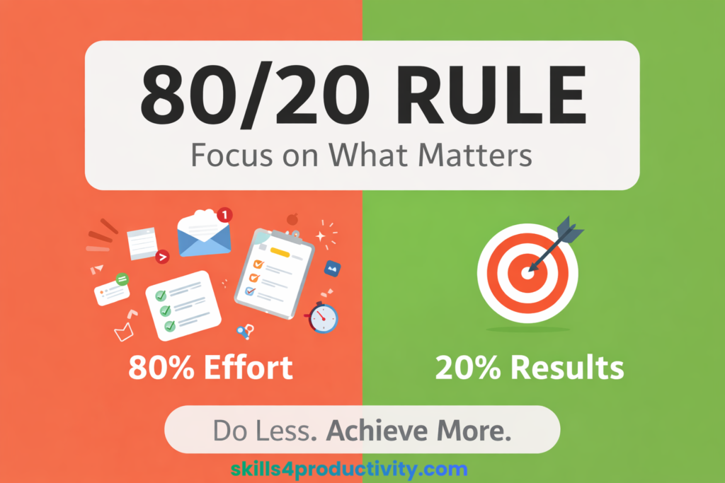 80/20 rule infographic showing 80 percent effort vs 20 percent results in productivity and daily life