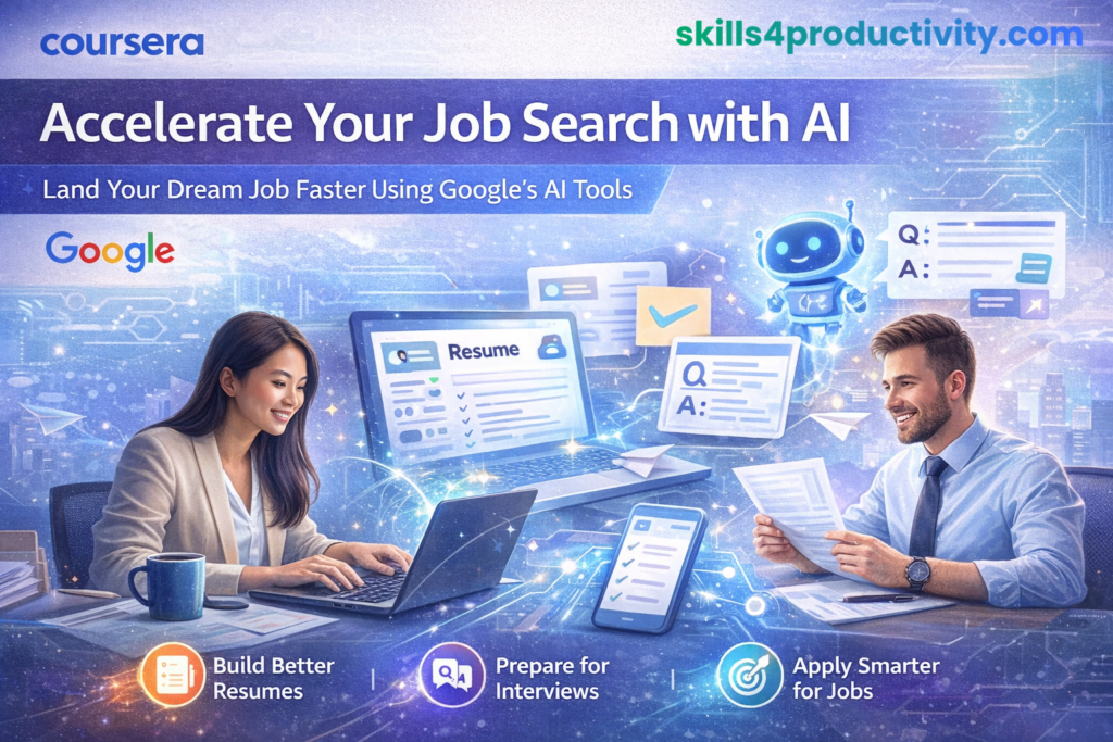 Accelerate your job search with AI course illustration showing resume building, interview preparation, and smart job applications