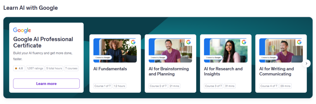 AI courses on Udemy including Google AI Professional Certificate, ChatGPT, Gemini, prompt engineering and AI fundamentals for beginners