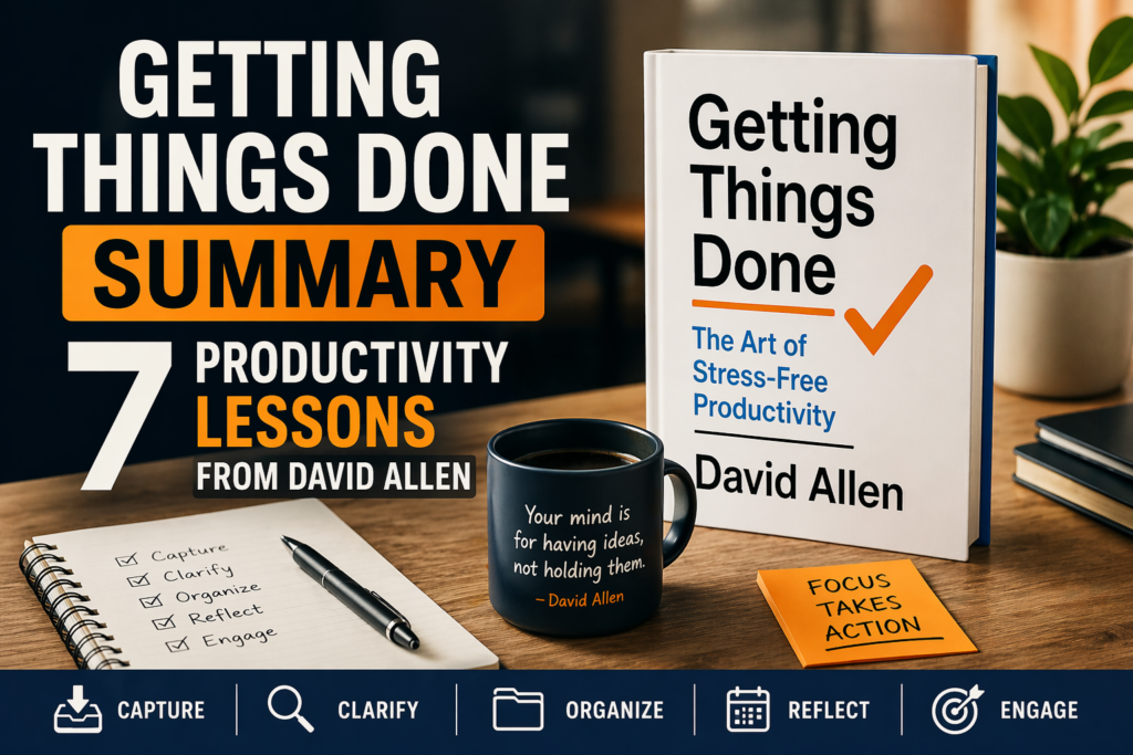 Getting Things Done summary featured image showing 7 productivity lessons from David Allen