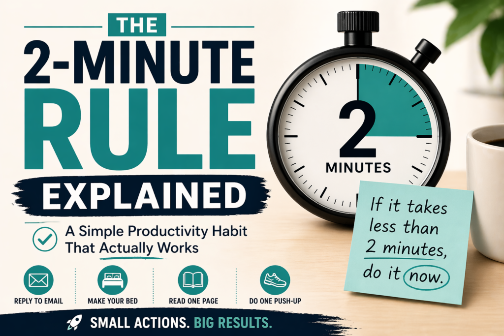 The 2-Minute Rule explained infographic with stopwatch and productivity tips to beat procrastination
