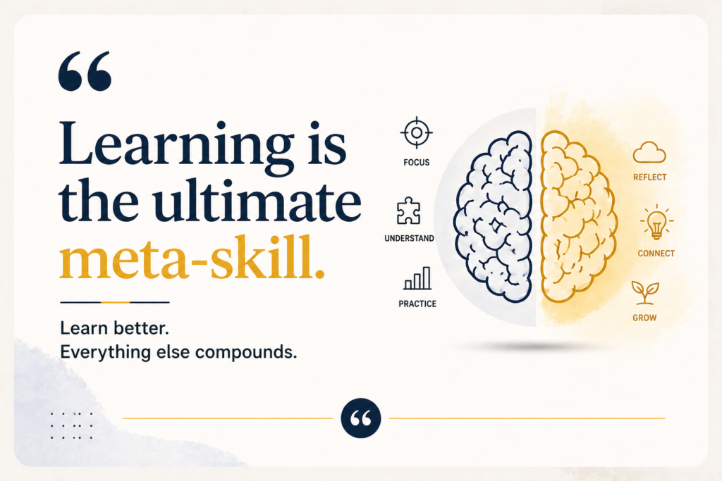 Quote infographic showing “Learning is the ultimate meta-skill” with brain illustration representing focus, understanding, practice, reflection and growth.