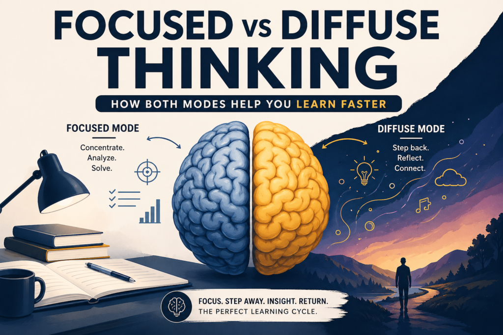 Focused vs diffuse thinking illustration showing two brain modes that help improve learning, problem solving and creativity