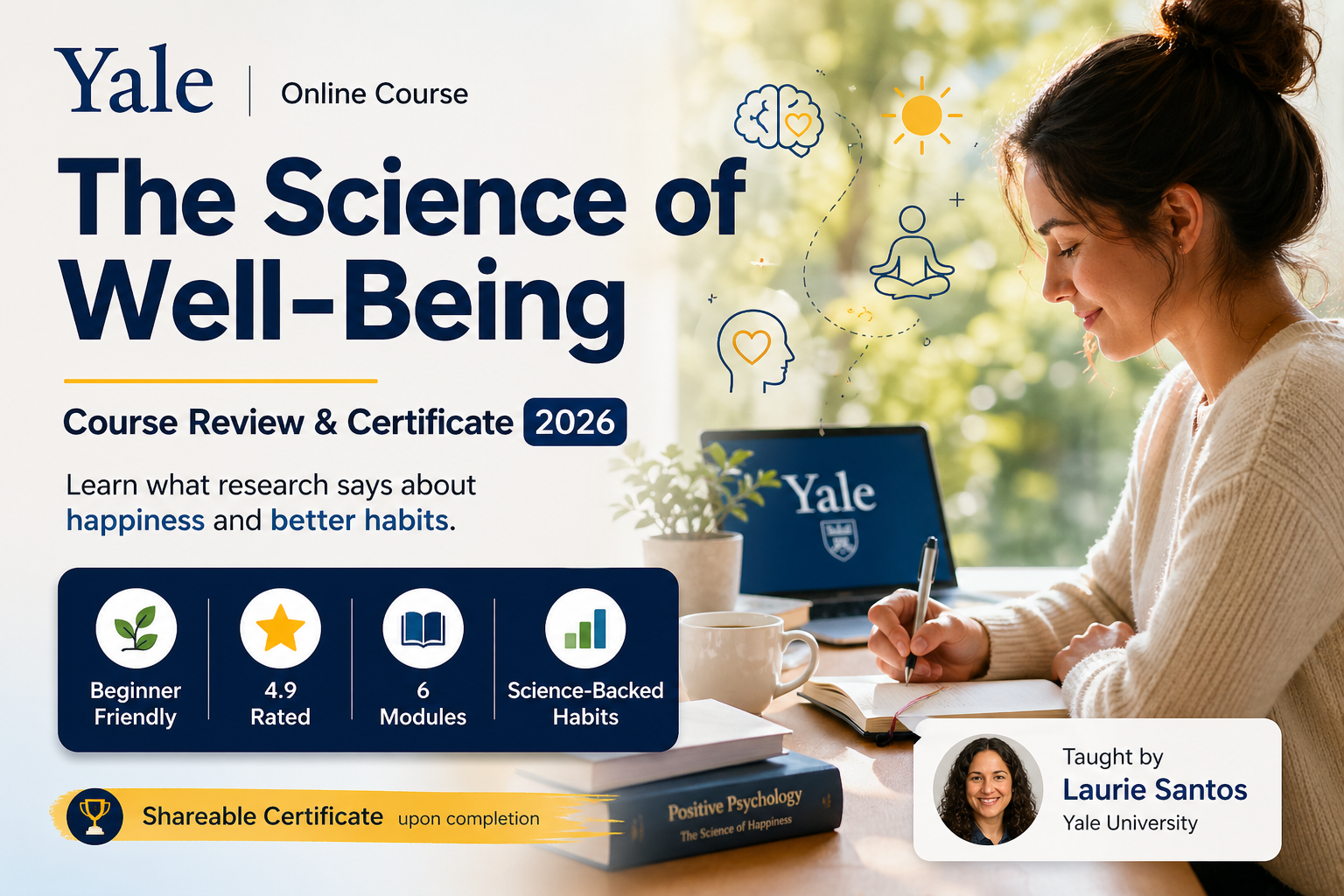 Featured image for The Science of Well-Being Yale Coursera course review showing happiness habits positive psychology and science-backed well-being lessons