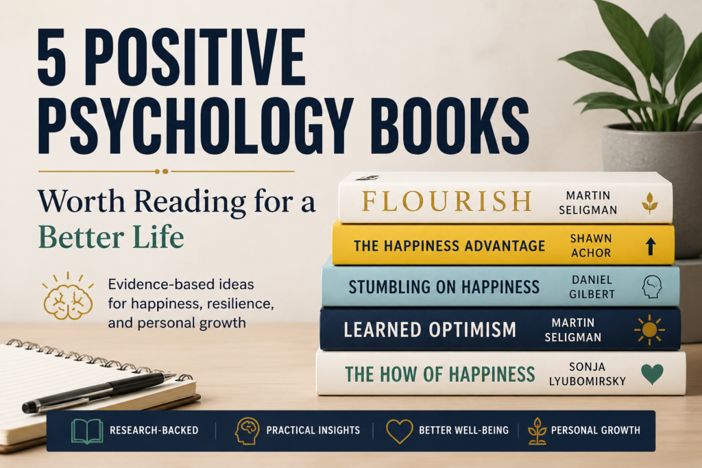Stack of five positive psychology books including Flourish and The Happiness Advantage featured in article about books for happiness, resilience and personal growth