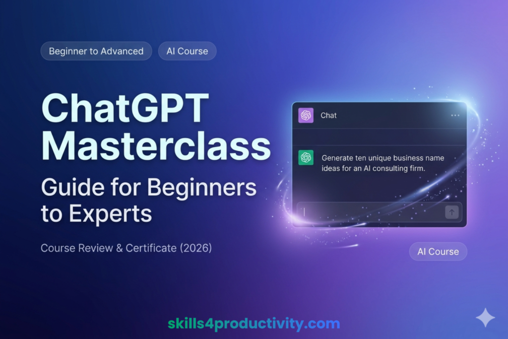 ChatGPT Masterclass course featured image showing AI chat interface and prompt example for beginners to experts