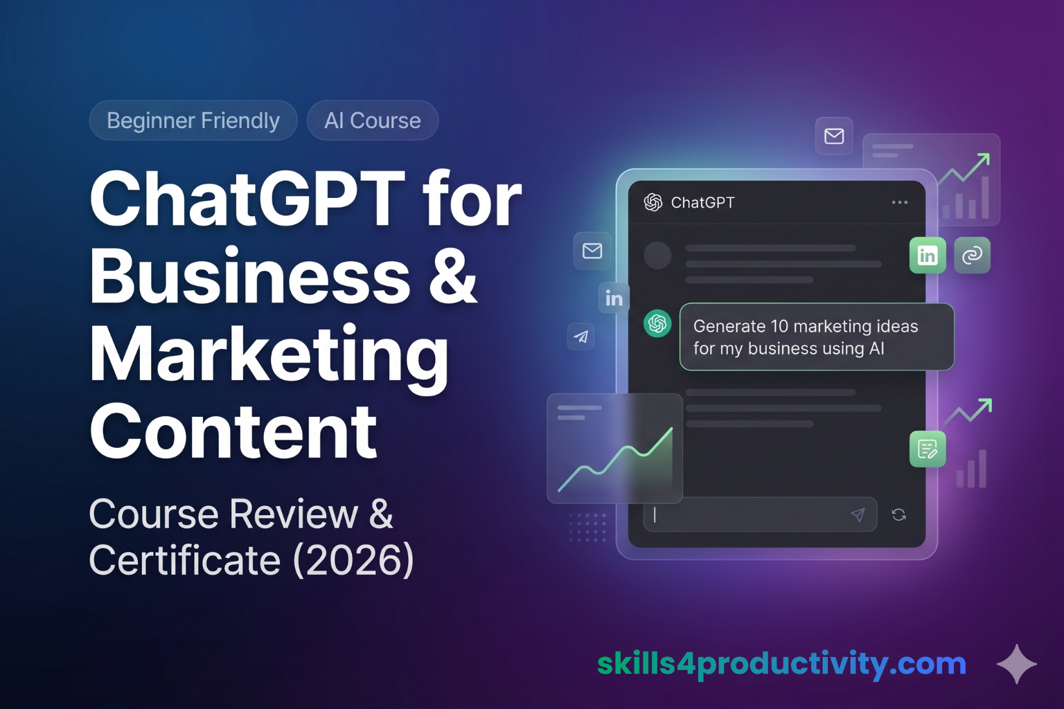 ChatGPT for business and marketing course featured image showing AI generating marketing ideas and content