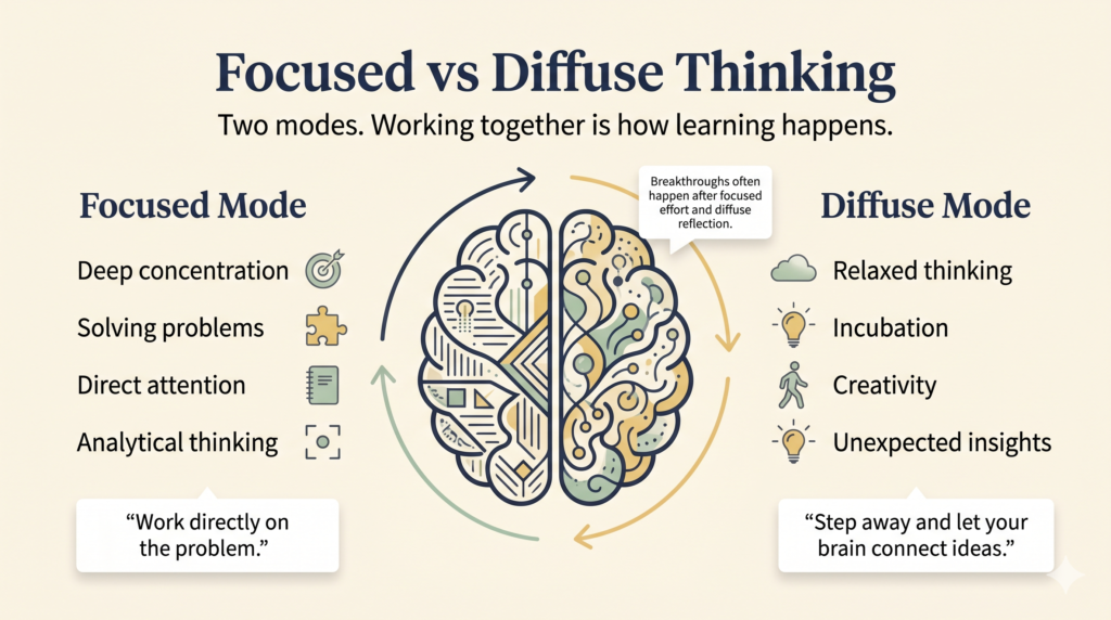 Focused vs diffuse thinking infographic showing deep concentration, creativity, incubation, and how both modes improve learning