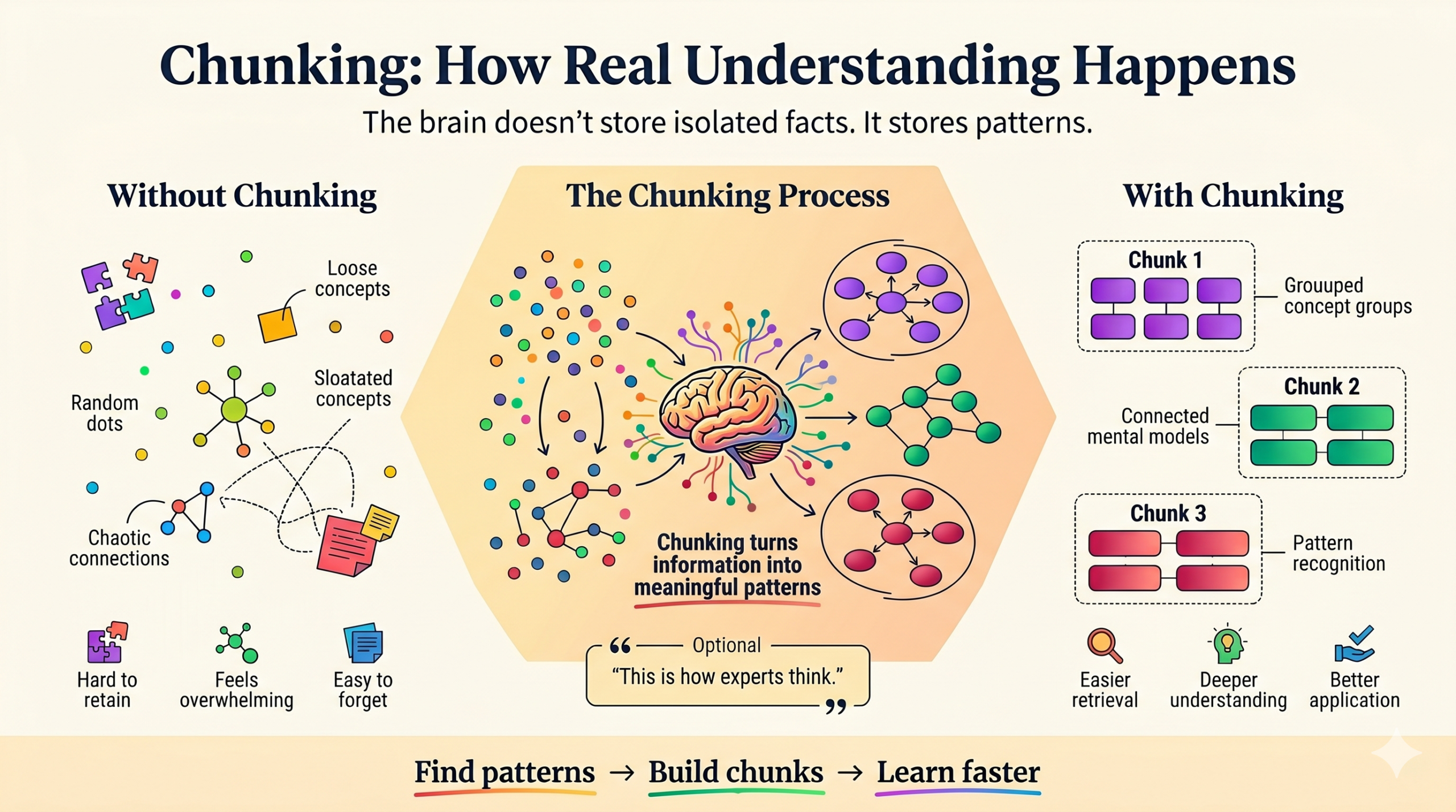 Chunking infographic showing how grouping information into patterns improves understanding, memory retrieval and learning.