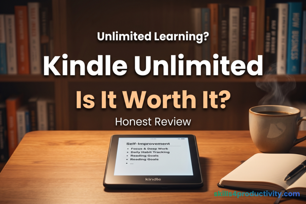 Kindle Unlimited review showing productivity setup with Kindle device and notebook for learning and reading habits