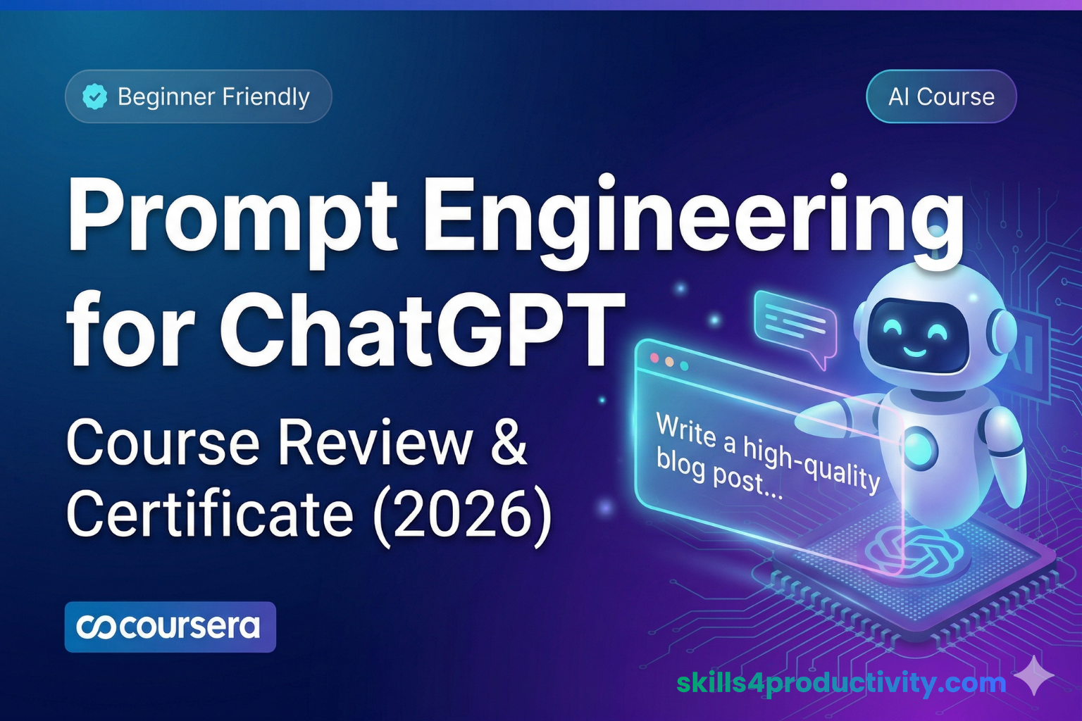 Prompt Engineering for ChatGPT course review featured image showing AI chatbot, prompt example, and course details