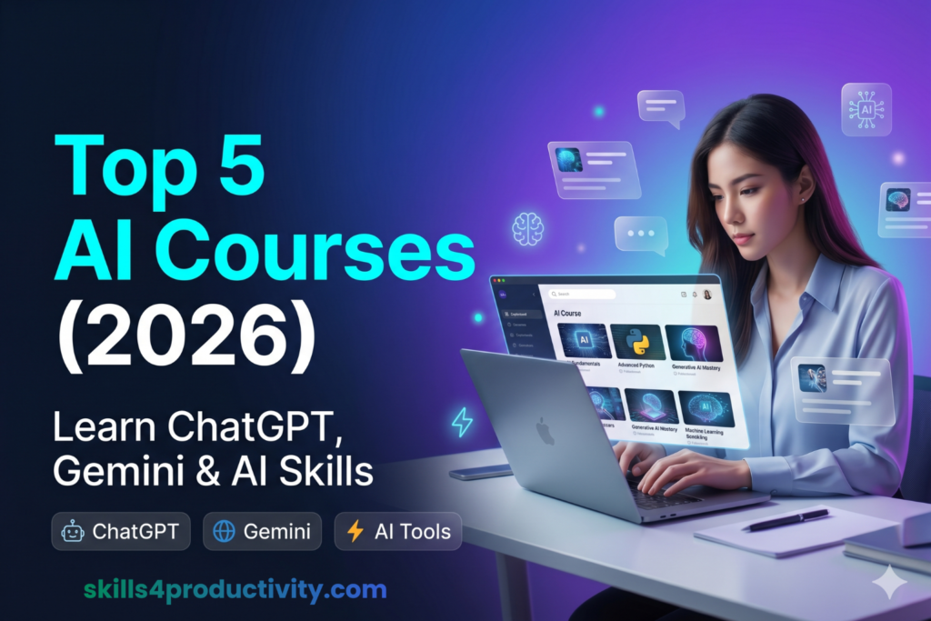 Top 5 AI courses online 2026 featuring ChatGPT, Gemini and AI tools learning on laptop dashboard