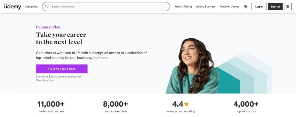 Udemy Personal Plan dashboard showing 11000+ courses including AI courses like ChatGPT, Gemini, prompt engineering and online learning subscription