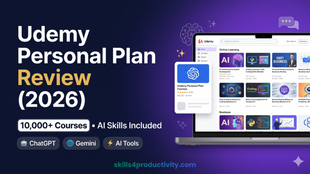 Udemy Personal Plan review 2026 showing 10000+ courses including AI tools like ChatGPT, Gemini and online learning dashboard