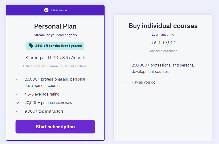 Udemy pricing comparison showing Personal Plan subscription vs individual courses including AI courses like ChatGPT, Gemini, and prompt engineering