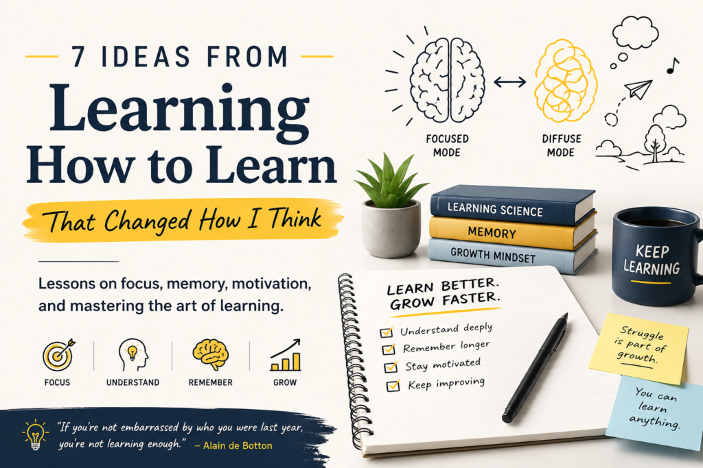 How to learn better infographic showing 7 science-backed learning strategies including focused and diffuse thinking, memory and growth concepts.