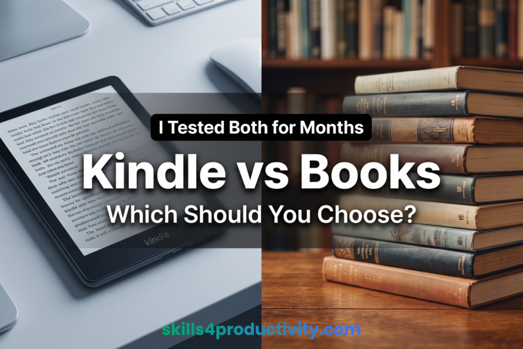 Kindle vs physical books comparison showing ebook reader and stack of books