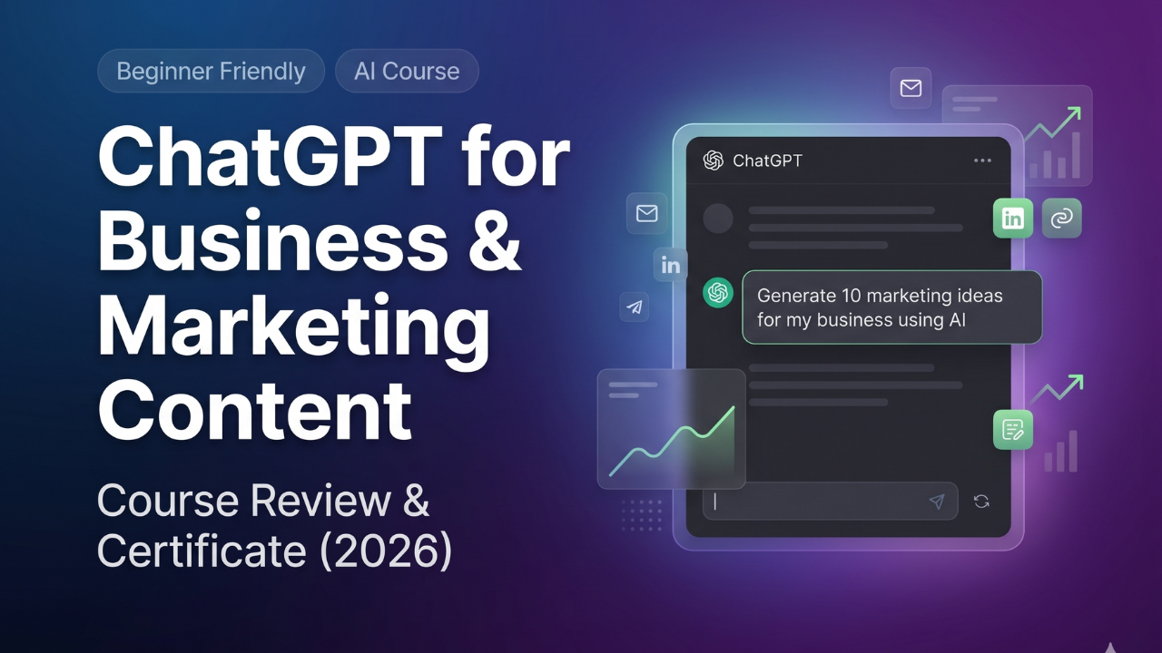 ChatGPT for business and marketing course featured image showing AI generating marketing ideas and content
