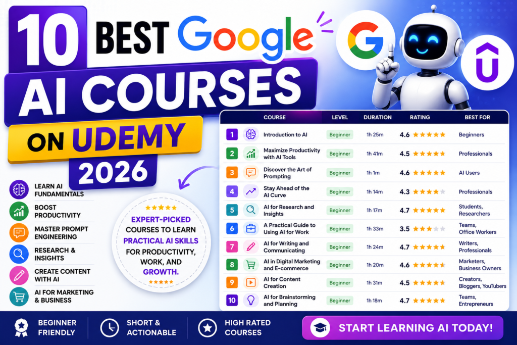 Best Google AI courses on Udemy in 2026 featuring AI productivity, prompt engineering, content creation, research, and beginner-friendly AI learning paths.