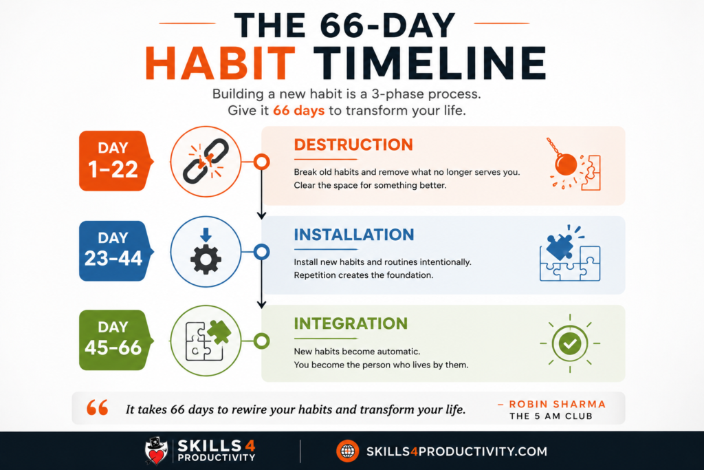 66-day habit timeline infographic from The 5 AM Club showing the phases of Destruction, Installation, and Integration for habit formation