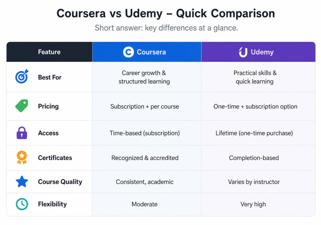 Coursera vs Udemy comparison table showing pricing, certificates, course quality, flexibility, and access differences