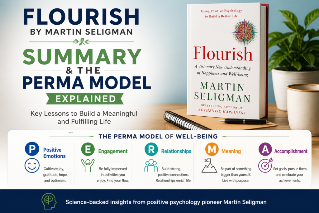 Flourish book summary featured image showing PERMA model of well-being by Martin Seligman