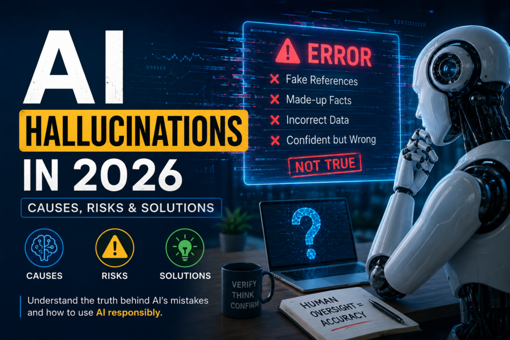 AI hallucinations in 2026 showing causes, risks, errors, and solutions for responsible AI usage