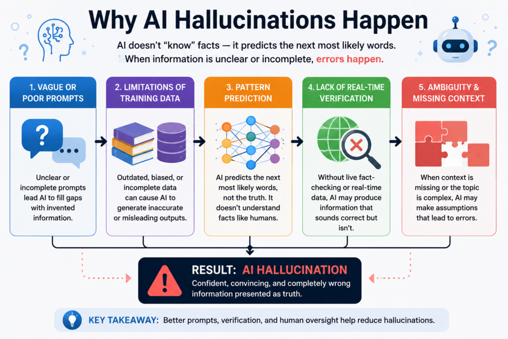 Infographic explaining why AI hallucinations happen including vague prompts, training data limitations, and lack of verification