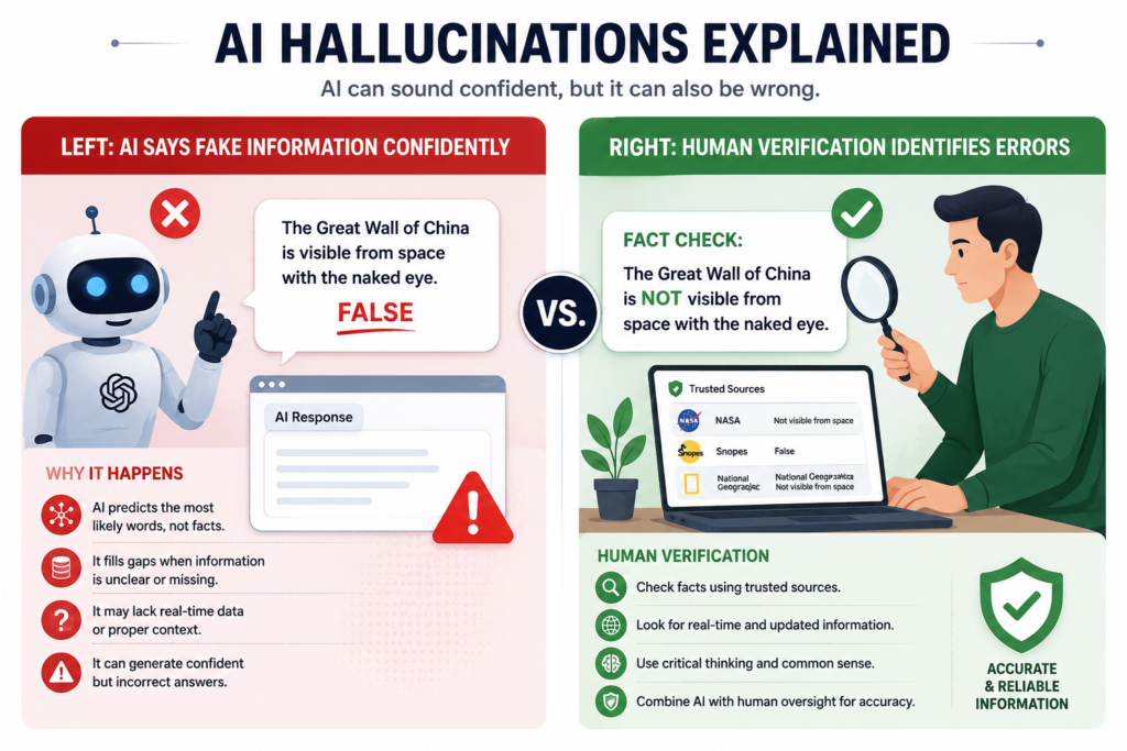 Visual explanation of AI hallucinations and how human verification identifies AI errors