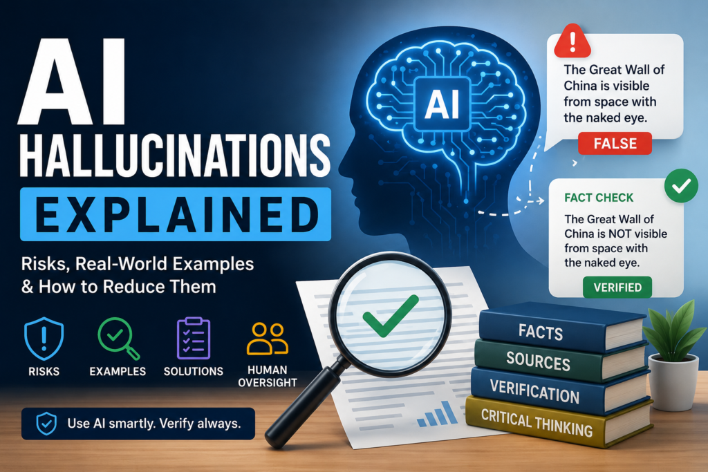 Featured image explaining AI hallucinations in 2026 with risks, examples, human verification, and solutions