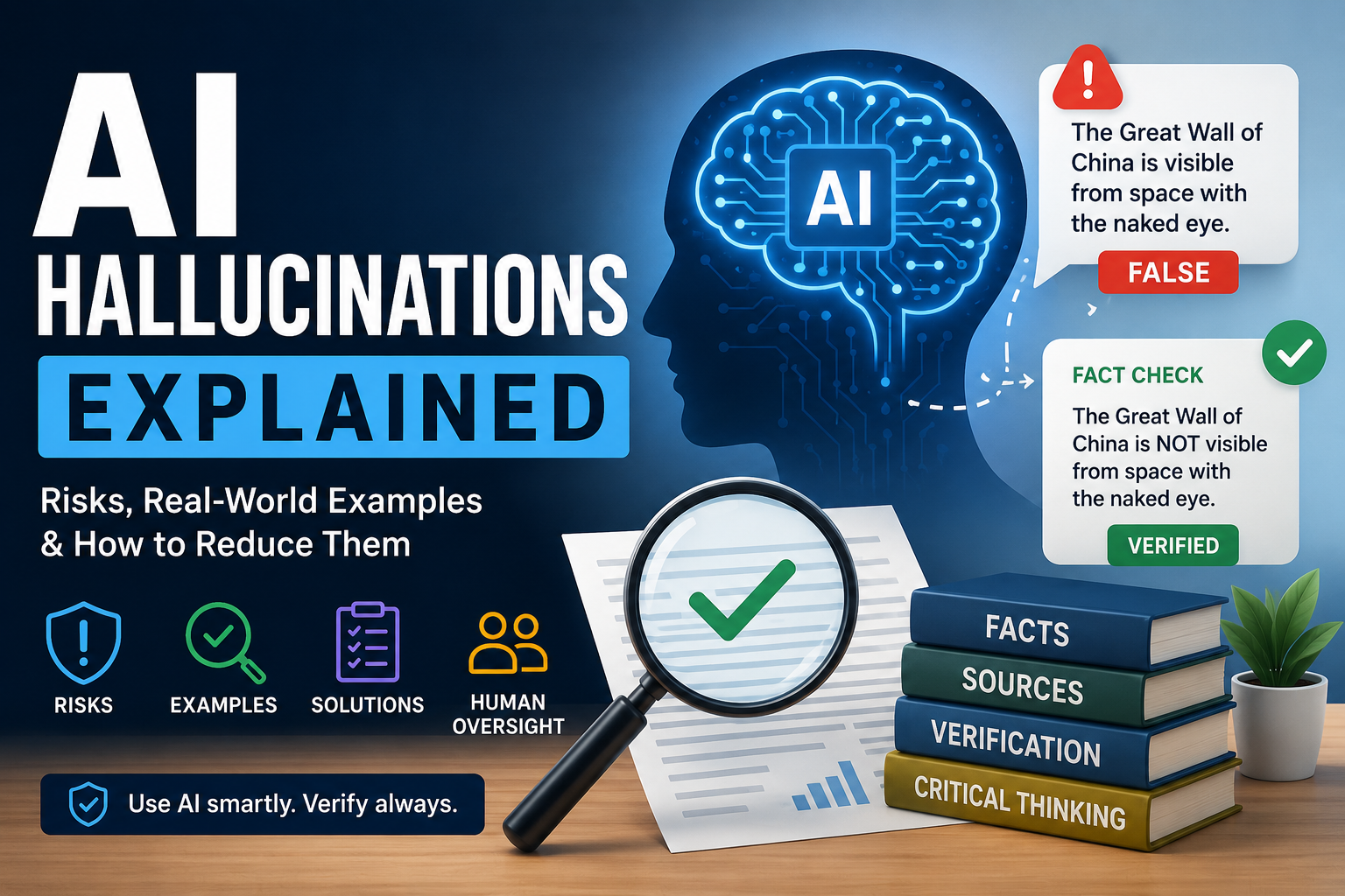Featured image explaining AI hallucinations in 2026 with risks, examples, human verification, and solutions