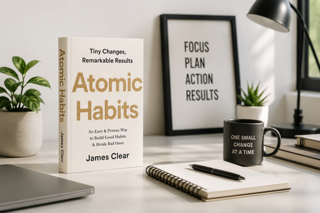 Atomic Habits book by James Clear on a clean and organized workspace designed for focus and productivity