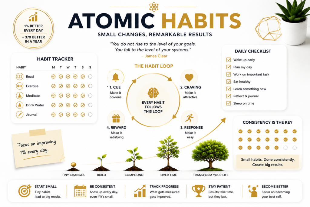 Atomic Habits infographic showing habit tracker, daily checklist, habit loop, consistency calendar, and the process of small habits leading to remarkable results.