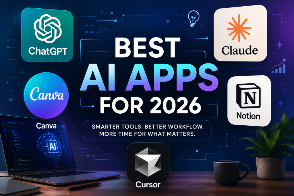 Collage of top AI apps including ChatGPT, Claude, Canva, Notion, and Cursor with the text “Best AI Apps for 2026”.