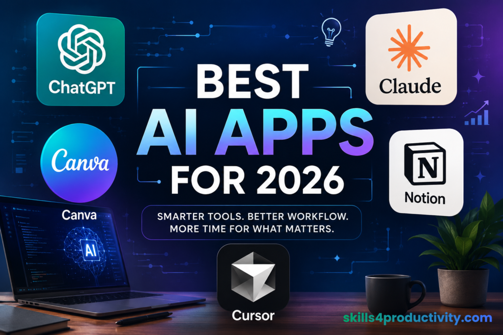 Collage of top AI apps including ChatGPT, Claude, Canva, Notion, and Cursor with the text “Best AI Apps for 2026”.