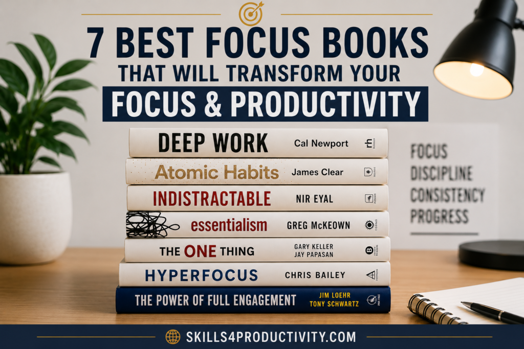 Best books for focus and concentration including Deep Work, Atomic Habits, Indistractable, Essentialism, The One Thing, Hyperfocus, and The Power of Full Engagement