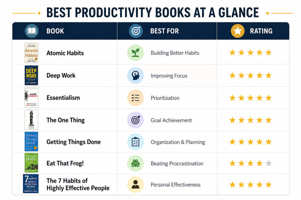 Comparison chart of the best productivity books of all time including Atomic Habits, Deep Work, Essentialism, The One Thing, Getting Things Done, Eat That Frog, and The 7 Habits of Highly Effective People.