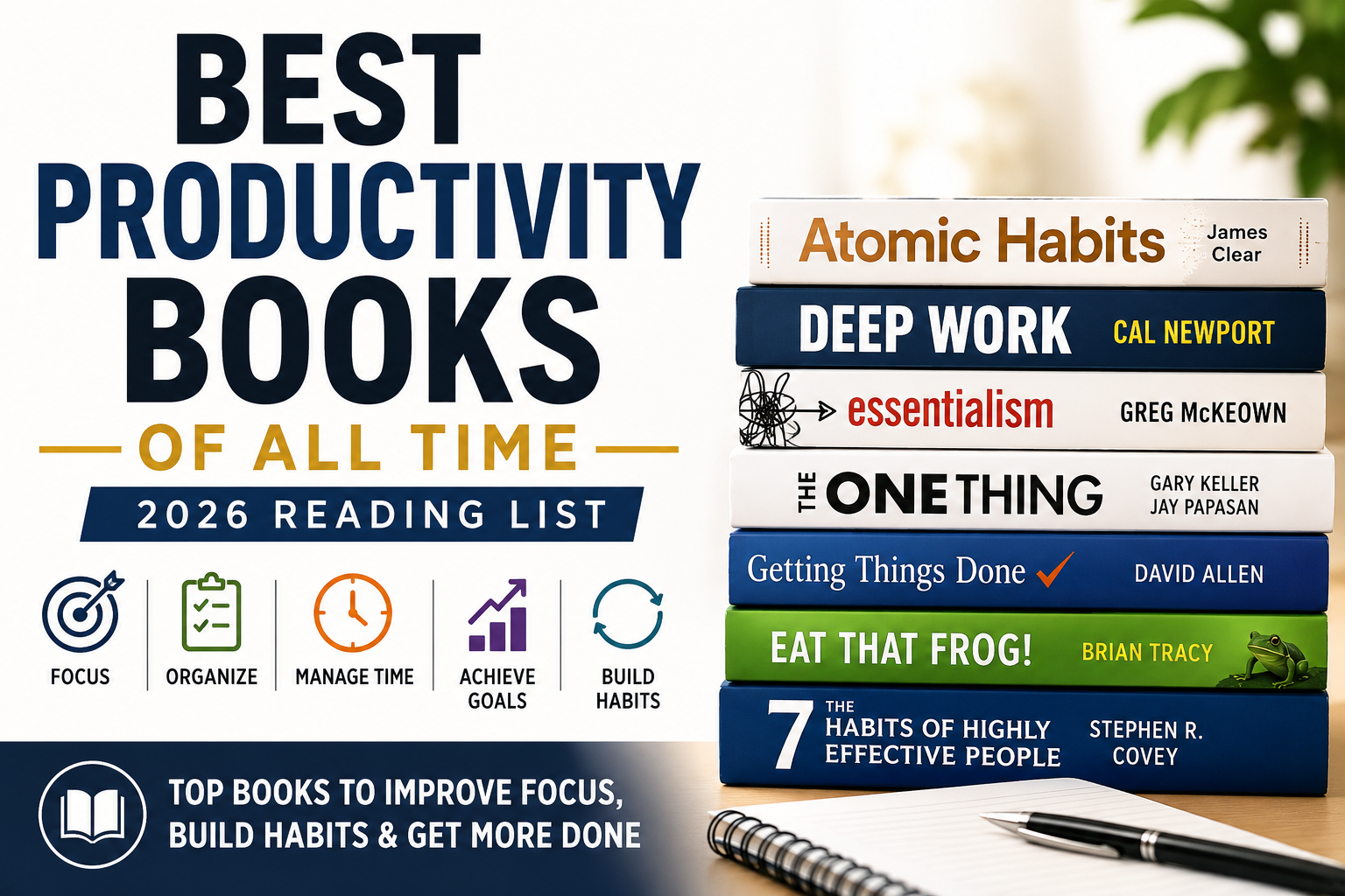 Best productivity books of all time including Atomic Habits, Deep Work, Essentialism, The One Thing, Getting Things Done, Eat That Frog, and The 7 Habits of Highly Effective People.