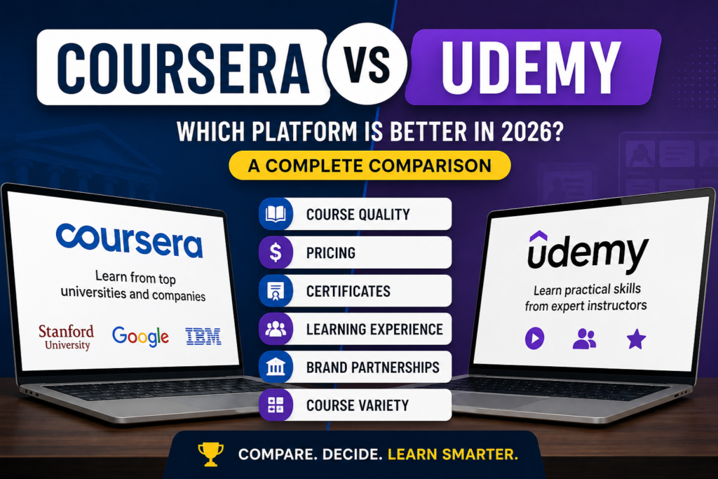 Coursera vs Udemy comparison infographic showing pricing, certificates, course quality, and learning experience differences