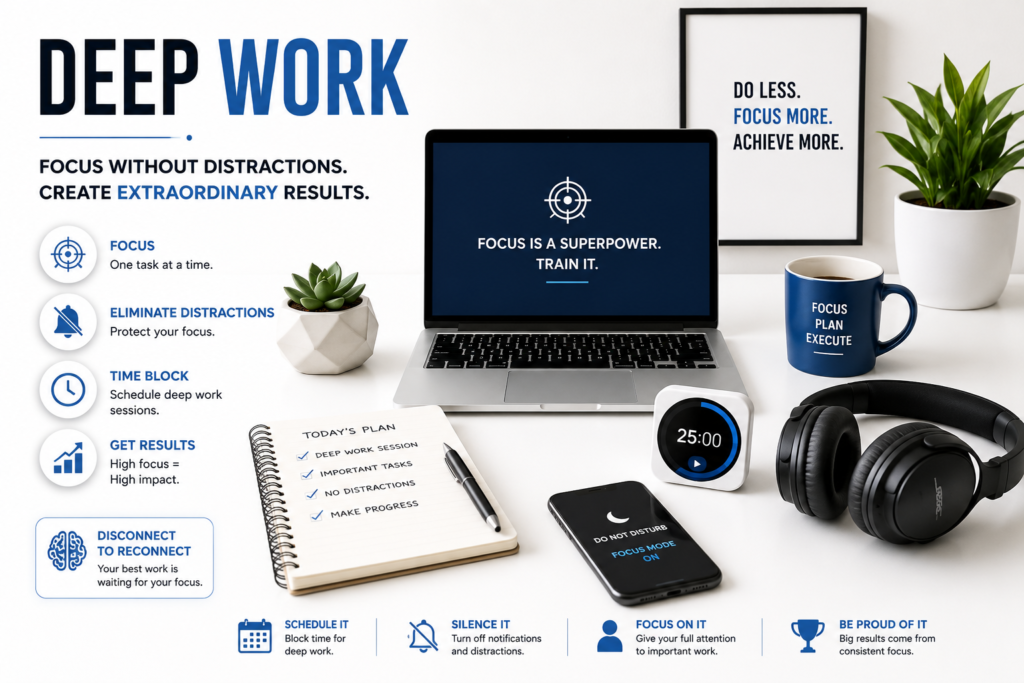 Deep Work infographic showing a distraction-free workspace with a laptop, focus timer, notebook, noise-canceling headphones, and productivity principles for deep concentration.