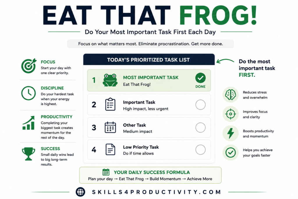 Eat That Frog infographic showing a prioritized task list with the most important task completed first, illustrating time management, focus, and overcoming procrastination.