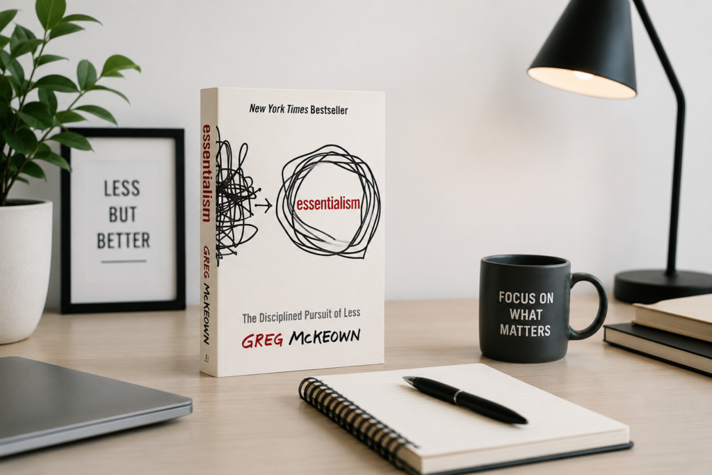 Essentialism book by Greg McKeown on a minimalist desk setup focused on simplicity and productivity