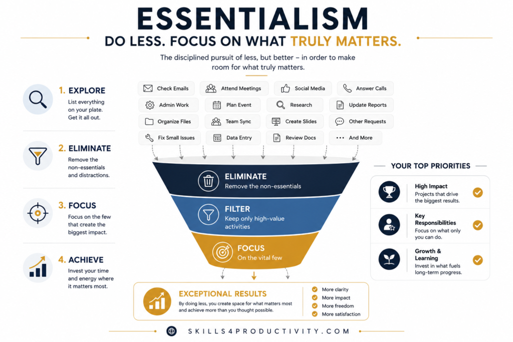 Essentialism infographic showing how to eliminate non-essential tasks, filter priorities, and focus on high-impact activities using a productivity funnel framework.