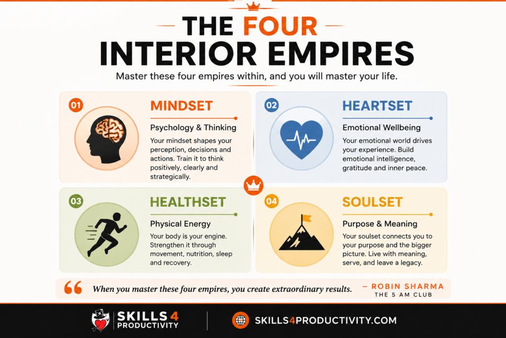 Four Interior Empires infographic from The 5 AM Club showing Mindset, Heartset, Healthset, and Soulset framework by Robin Sharma