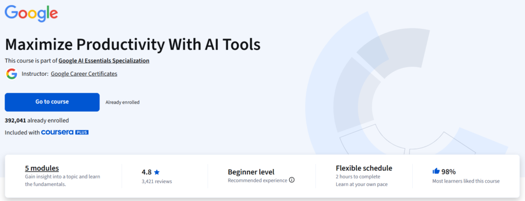 Screenshot of Google’s Maximize Productivity With AI Tools course on Coursera showing course overview, rating, modules, and beginner-friendly AI productivity training
